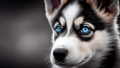 Obraz premium Tier Color-Key-Effekt: Schwarz-weiß Foto von einem Husky Hund mit blauen Augen - Generative Ai