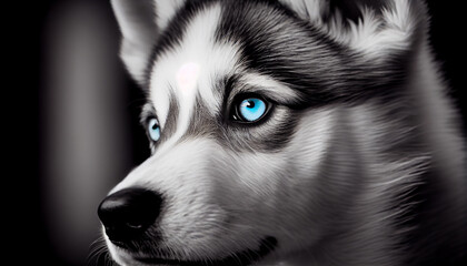 Tier Color-Key-Effekt: Schwarz-weiß Foto von einem Husky Hund mit blauen Augen - Generative Ai