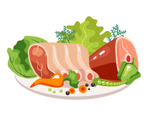 Meat dish steak cooked dinner grilled on plate isolated on white background. Vector graphic design illustration