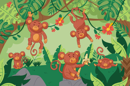 Monkey cute animal forest jungle tree zoo cartoon background concept. Vector graphic design illustration © PrettyVectors