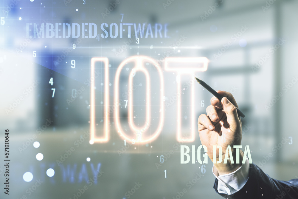 Aufkleber man hand with pen working with abstract virtual iot hologram on blurred office background, internet 