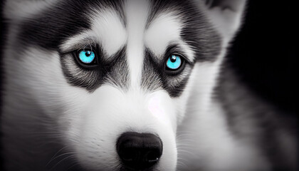 Tier Color-Key-Effekt: Schwarz-weiß Foto von einem Husky Hund mit blauen Augen - Generative Ai