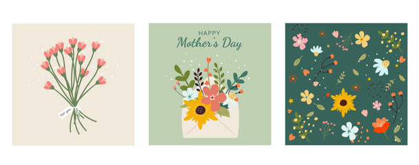 Obraz premium Set of cards with spring flowers, leaves and bouquets. Greeting card, poster, baner .Vector