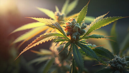 Legal cultivation of marijuana. Close up of a cannabis plant. Macro shot. The setting sun illuminates a growing plant in the field. The legalization of drugs. Controversial subject. Generative AI.