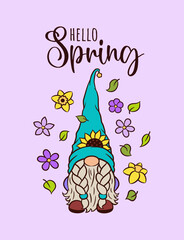 Cute spring card design with gnome. Hello spring text calligraphic. Cartoon garden gnome with funny cone hat. Adorable character swedish dwarf. For spring Easter greeting card, print, sign.