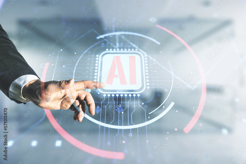 Aufkleber double exposure of businessman hand working with creative artificial intelligence abbreviation holog