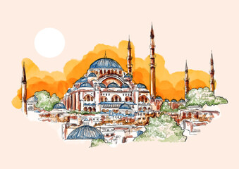 Watercolor hand drawn sketch of Aya Sofya, Hagia Sophia Mosque, Istanbul, Turkey. A famous sightseeing of Turkey. - 571011446