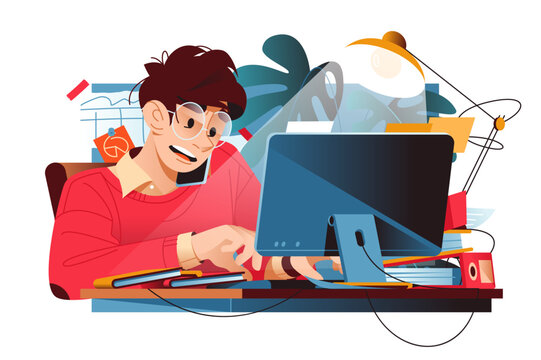 Busy worker sits at desk with computer