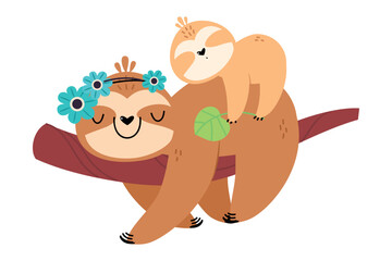 Mom and baby animals. Cute sloth mother with her kid cartoon vector illustration