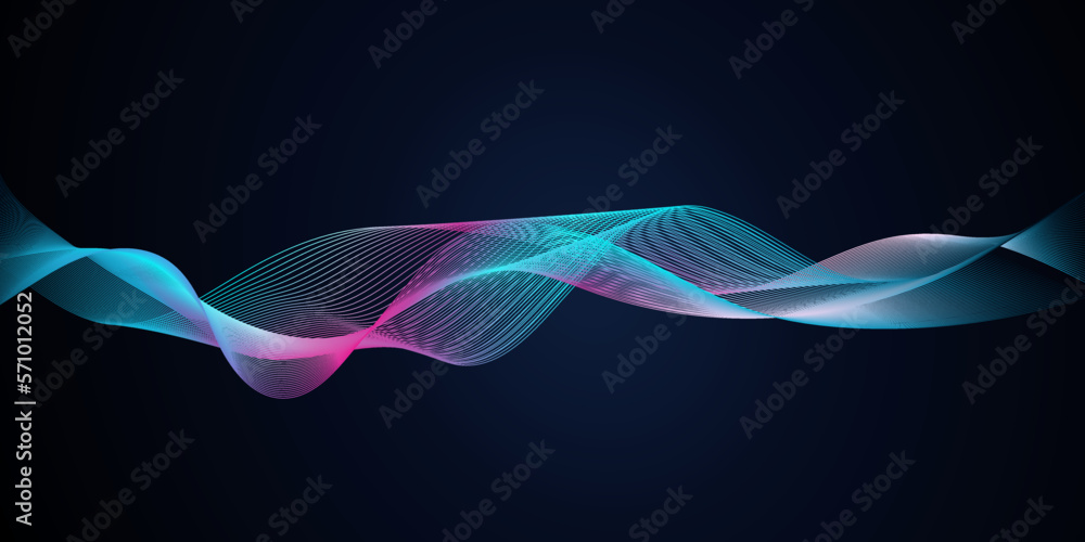 Fototapete Abstract vector wave lines flowing dynamic in liquid glitch effect isolated on dark blue background for concept of AI technology, digital, communication, science, music, vaporwave, synthwave shapes.
