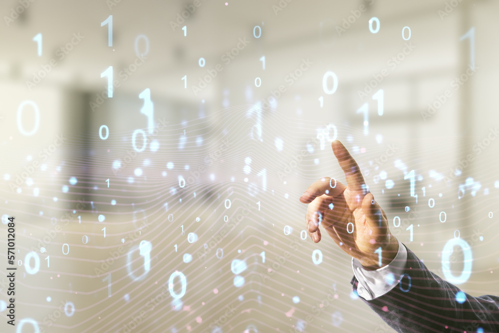 Aufkleber Man hand working with abstract virtual binary code illustration on blurred office background. Big data and coding concept. Multiexposure
