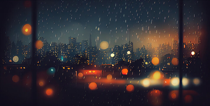 Raindrops on a window glass, Bokeh defocused lights of night city with rainy background. generative ai 