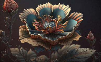 Flower on a plant, close-up 3D detailed painting