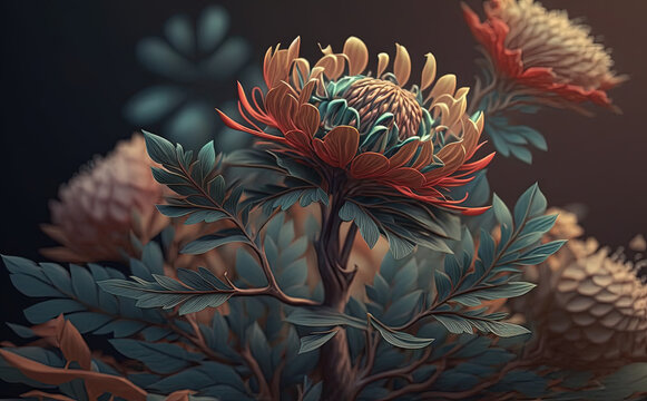 Flower on a plant, close-up 3D detailed painting