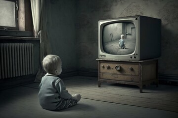 image, a little boy sitting alone in front of the television, ai generative