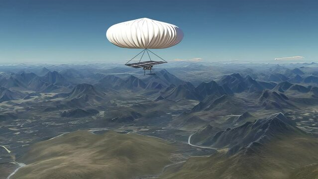 A view of a fictional spy or weather balloon floating high up over the American landscape.	