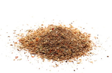 Garam masala, minced spice blend, mix black pepper, coriander, cumin, garlic granules, allspice, sea ​​salt, ground chili peppers, cinnamon, cloves grain, chopped ginger, bay leaves isolated on white