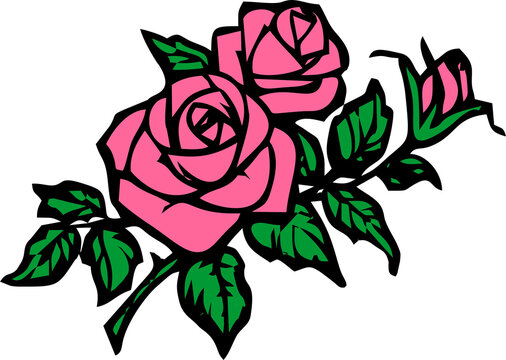 color drawing of a branch of a blooming pink rose with a black outline on a white background, logo, decor