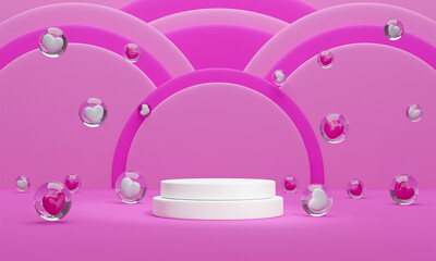 Pink Space with love shape in glass Happy Valentine's Day Background 3d illustration