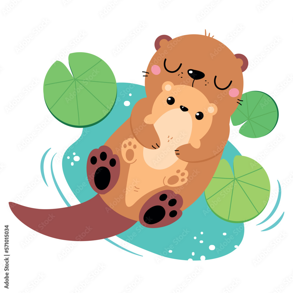 Poster Beaver family. Cute mom beaver hugging her baby cartoon vector illustration