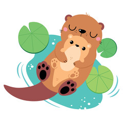 Beaver family. Cute mom beaver hugging her baby cartoon vector illustration © topvectors