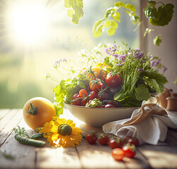 Spring setup with homegrown farmfood on a wooden table in front of an open window and wide lush fields in the background with bokeh effect and backdrop. AI Generated Art.