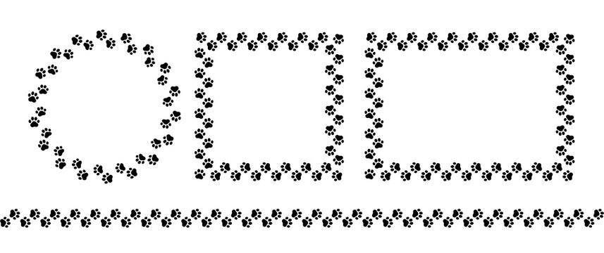Frame paw pattern. Cute zoo border dog or cat. Black footprint boarder isolated on white background. Mark animal frames. Silhouette step for design prints. Abstract footmark lines. Vector illustration