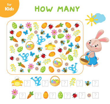 Mini game for children. Help the rabbit find and count the same pictures. Easter