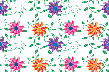 Fototapeta na wymiar Foliage with petals in blue, pink, purple, red, yellow, orange. Charming spring artwork of seamless pattern with beautiful contrast colors.