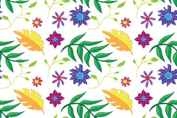Garden of Leaves and Flowers in green, yellow, orange, purple, pink and blue. Spring seamless pattern, beautiful and colorful.