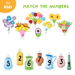 Educational games for children. Mathematics Combine bouquets with vases, numbers.