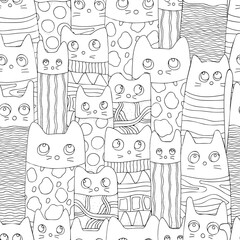 Seamless pattern with cute funny cats. Black and white background. Page for Adult coloring book.