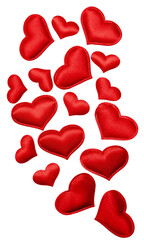 Valentines day background with red heart cut outs. Red hearts isolated on transparent background.