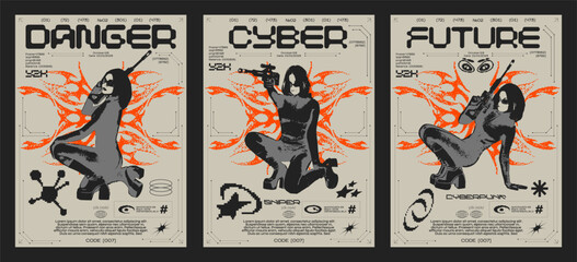 Retro futuristic poster girl sniper Y2k. Tribal style, girl with guns design elements in 90s retro style. Vector banner for printing, clothes prints