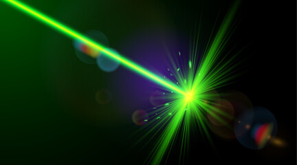 Green color laser beam. Laser strike with bright shiny sparkles. - obrazy, fototapety, plakaty