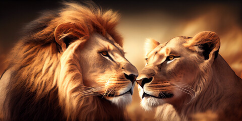 A cute scene of two loving lions in savannah, nature background. AI.
