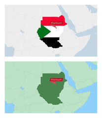 Sudan map with pin of country capital. Two types of Sudan map with neighboring countries.