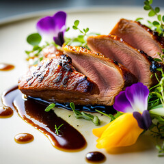 Close up of roasted duck breast filet. Fine Dining. Served on plate in nice setup with eatable flowers. AI Generated Art.