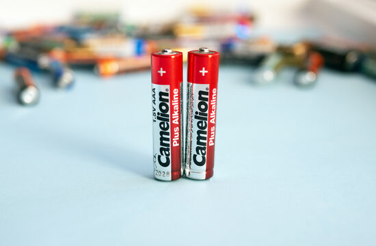 Batteries mini for devices. Alkaline batteries Camelion, copyspace. Editorial Ukraine 12.02.2023