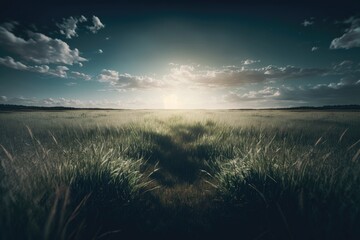 Beautiful green grass field summertime closeup blue sky with clouds horizon landscape. Natural spring grass field.