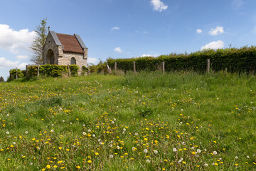Fototapeta na wymiar Chapel in the field with dandelions between the villages Eys and Wittem in Limburg, Netherlands.