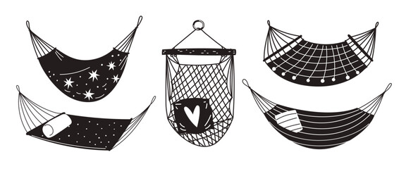 Black hammock icons. Cute hanging beds monochrome silhouette signs. Good resting and comfortable relax. Camping accessories. Rope armchair with pillow. Summer seats. Garish vector set