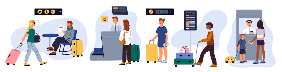 Cartoon people in airport. Staff and passengers characters. Reception desk. Persons moving luggage on trolley. Airline transportation. Men and women with baggage. Garish vector set