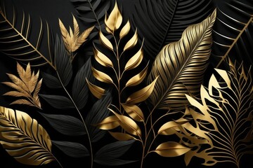 Tropical palm leaves pattern background. Gold and black monstera tree foliage decoration design. Plant with exotic leaf closeup. - obrazy, fototapety, plakaty