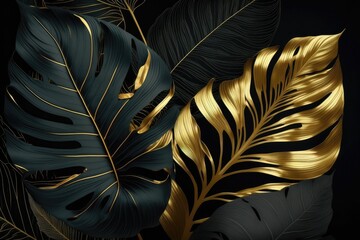 Tropical palm leaves pattern background. Gold and black monstera tree foliage decoration design. Plant with exotic leaf closeup. - obrazy, fototapety, plakaty