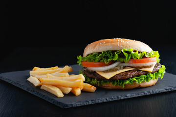 Traditional hamburger and french fries