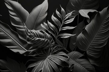 Tropical palm leaves pattern background. Monochrome monstera tree foliage decoration design. Plant with exotic leaf closeup.