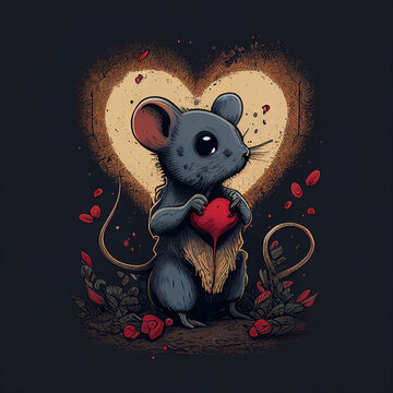 A Mouse Brings Romantic Heart In Black Background