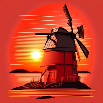 Windmill Vector Illustration - Orange Sunset Wind Mill with Red Roof Isolated on White Background - generative ai