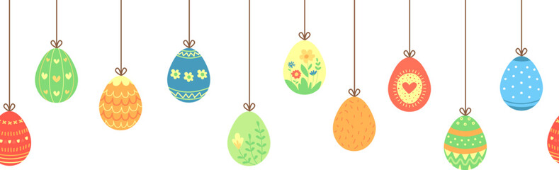 Easter eggs hang on strings. Painted egg on rope, decorative spring festive seamless pattern. Sticker decor template, vector party banner